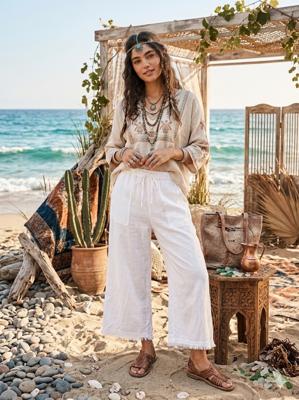 Denim & Supply  Boho White Wide-Leg Linen Pants with Drawstring Waist